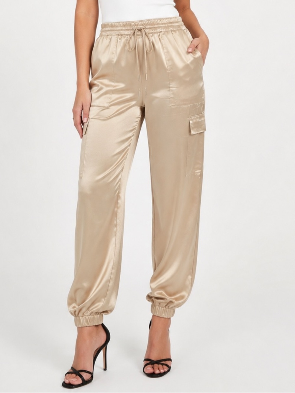 GUESS Foamy Taupe Satin Slim Fit Cargo Jogger Pants Size L